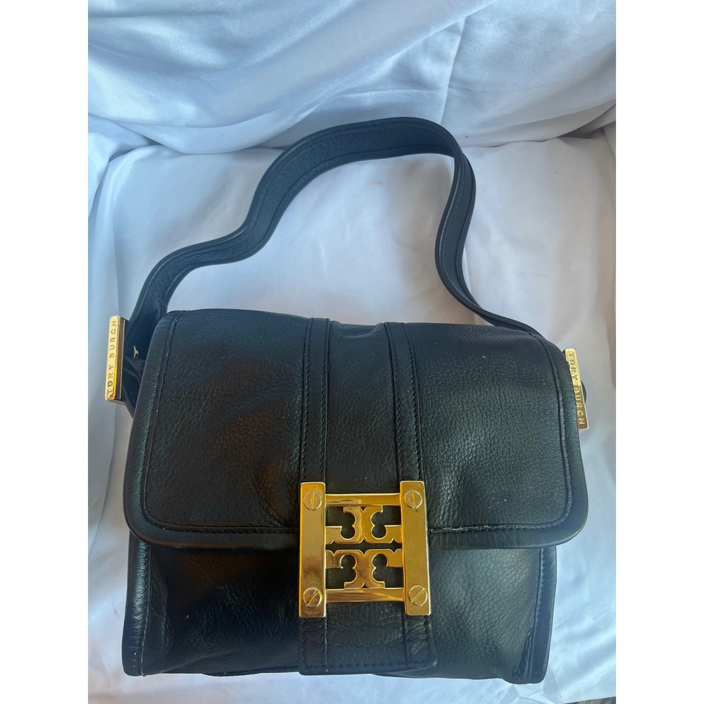 Tory Burch Vintage Black Pebble Leather Gareth Shoulder Bag Gold Hardware